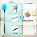 2-in-1 Stainless Steel Long Handled Water Bottle Brush, Multi-Purpose Bottle Scrubbing Brush, Soft Bottle Brush, Glassware Brush, Water Bottle Cleaner with Removable and Replaceable Brush Heads 15 in