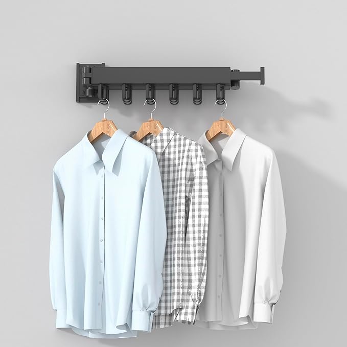 Clothes Drying Rack, Laundry Drying Rack Wall Mount for Bathroom, Retractable and Foldable Clothes Hanging Rack with U-Hooks for Laundry Room, Balcony, Closet, Bedroom(Tri-Fold), Black