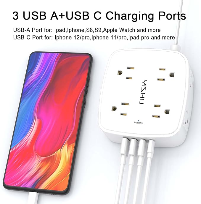 10 Ft Surge Protector Power Strip - YISHU 8 Widely Outlets with 4 USB Ports, 3 Side Outlet Extender with 10 Feet Flat Extension Cord, Ultra Flat Plug, Wall Mount, Desk USB Charging Station, ETL, White