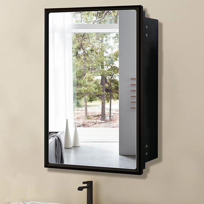 Bathroom Medicine Cabinet with Mirror, Recess or Surface Mount, Single Door Cabinet Famerhouse Bathroom Mirror with Storage Cabinet (Brush Black, 16"x26")