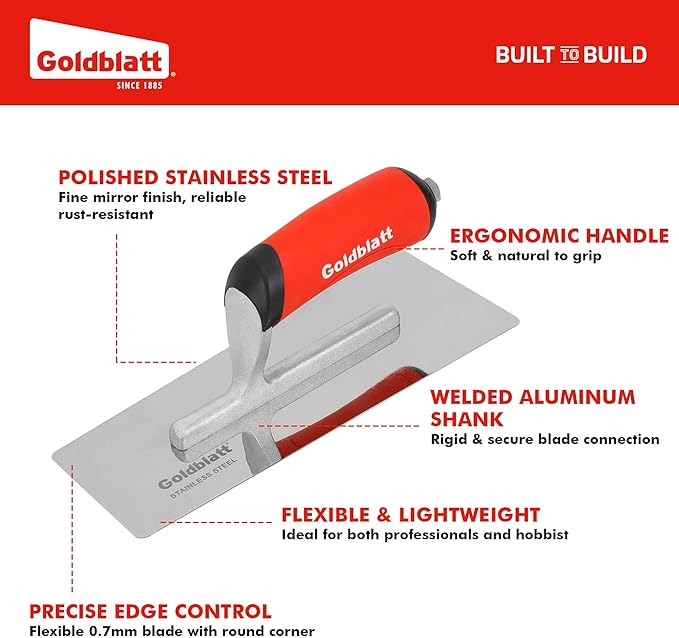 Goldblatt Venetian Plaster Finishing Trowel Set, 3 Pieces Polished Stainless Steel Drywall & Concrete Trowels with Soft Grip Handle, Paint Plastering & Marmorino Finishing Tools, Trapezoid Blade