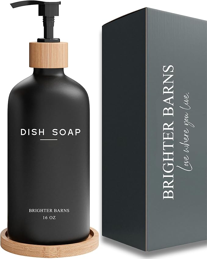 Black Glass Dish Soap Dispenser for Kitchen Sink by Brighter Barns - Modern Kitchen Soap Dispenser Set with Tray - Bamboo Bottle with Pump - Boho Home Decor, Modern Home Decor for Airbnb, Gift (Black)