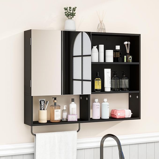 Wooden Bathroom Organizers, Over The Toilet Storage Cabinet with 2 Doors, Adjustable Shelves & Towel Bar, Wall Mounted Medicine Cabinet for Laundry with Mirror, Black
