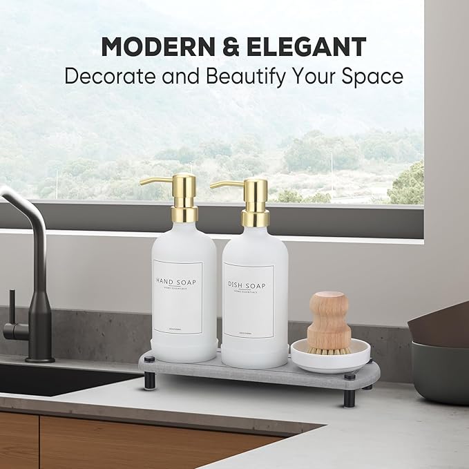 Kitchen Soap Dispenser Set with Instant Dry Tray,16 Oz Hand and Dish Soap White Glass Dispenser Set,Stainless Steel Pump,Waterproof Labels&Dish Brush,Luxury Soap Bottle for Kitchen,Bathroom