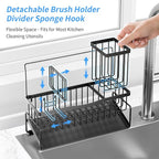 Sponge Holder for Kitchen Sink 304 Stainless Steel Self-Draining Sink Caddy with Smiley Face Sponge and Brush Holder Towel Bar and Divider Kitchen Gadgets Organizer for Countertop, Black