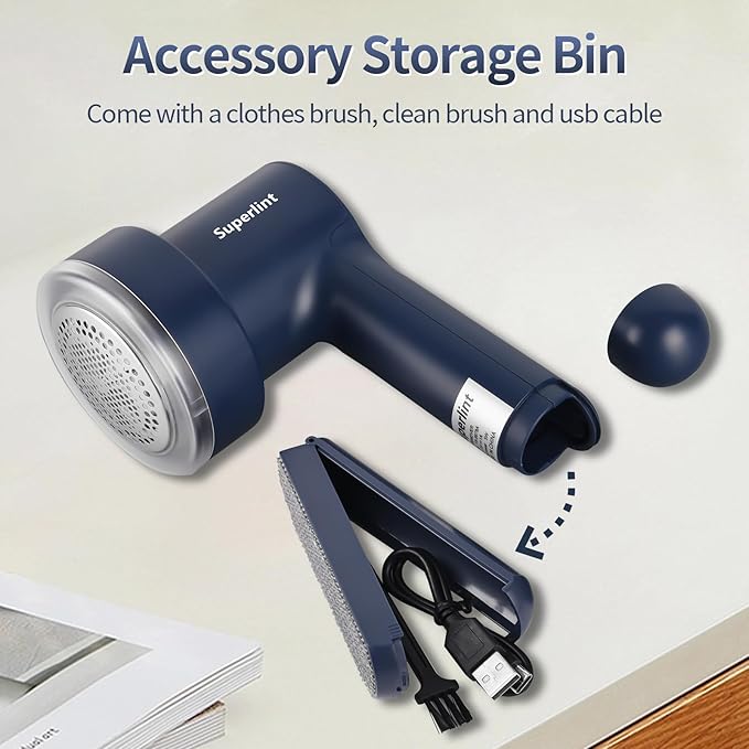 SUPER LINT Electric Fabric Shaver, Sweater Shaver with LED Display, 6-Leaf Blades, Clothes Brush, 3-Speeds for Removing Fuzz and Pill Form Clothing, Couch, Furniture, Navy Blue