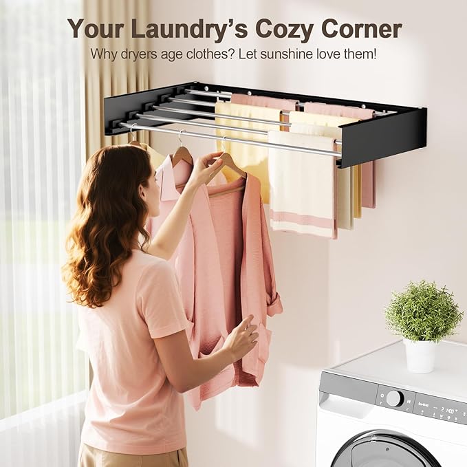 Wall Mounted Clothes Drying Rack Folding Indoor, Foldable Laundry Drying Rack Collapsible,Invisible, Space Saving, Retractable Towel Drying Rack, with Wall Template(5 Drying Rods, Black 32")