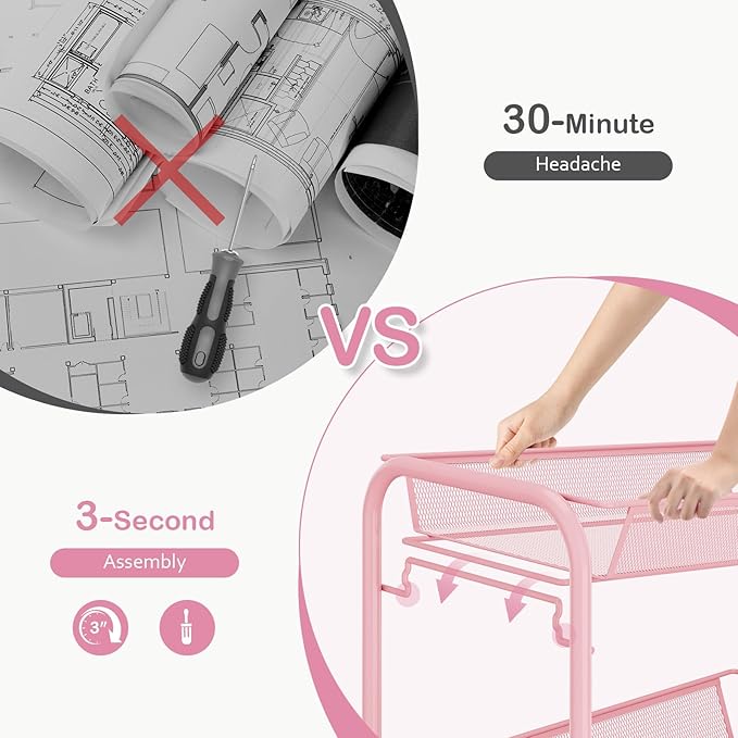 TOOLF 4 Tier Rolling Utility Cart - Durable Metal Design Pink Utility Cart, Storage Trolley on Wheels with 3 Hooks, Perfect for Kitchen, Bathroom & Laundry Room Organization