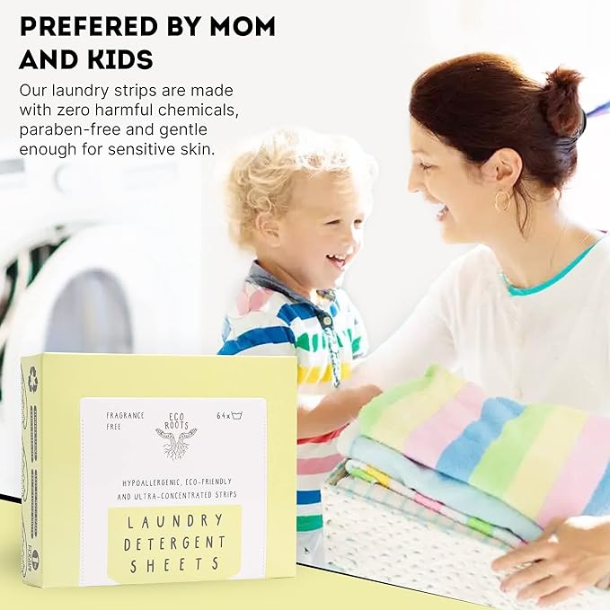 ECO ROOTS Laundry Detergent Sheets 64 loads | ECO FRIENDLY Unscented Sheets, Liquidless Travel Size Laundry Strips Detergent, Zero Waste Plastic Free Sustainable Washer Products