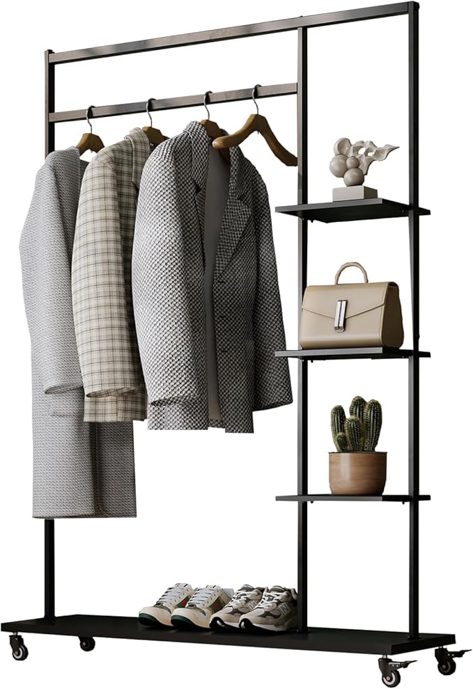 Clothing rack with shelves,Heavy Duty clothes rack with wheels,Rolling Garment Rack for hanging clothes with 4 flank Shelves,Portable Wardrobe Closets Organizer for Bedroom/Boutique/Cloakroom