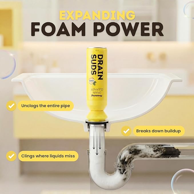 Foaming Drain Cleaner, Sink Cleaner and Deodorizer, Drain Clog Remover for Kitchen Sinks, Bathrooms, Shower Drains, Tubs, Washbasin, Clogged Pipe Opener, Lemon, 1 Pack