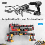 CCCEI Large Garage Tools Storage with Charging Station. Power Tool Battery Organizer Utility Shelf with Power Strip. 4 Drills Holder Wall Mount Rack, Black 3 Layer.