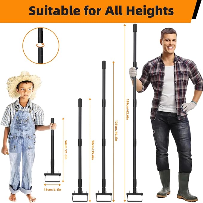 Action Stirrup Hoe Garden Tool Weed Puller with Adjustable Long Handle, Heavy Duty Hula Hoe and 4 Tines Rake 2 in 1 Gardening Tools Garden Cultivator for Weeding Soil Loosening, Black
