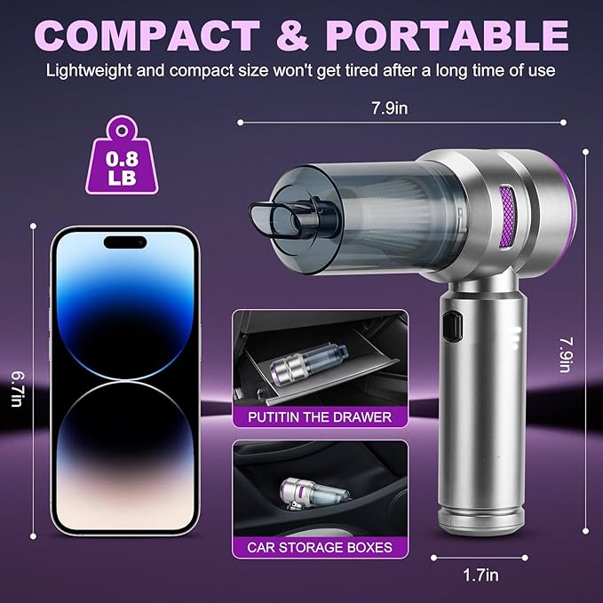 Handheld Car Vacuum Portable Cordless - 18000PA High Power with Brushless Motor, 4-in-1 Air Duster, Blower, Pump & Rechargeable Mini Vacuum for Car, Home, Office (Silver Grey+Purple)