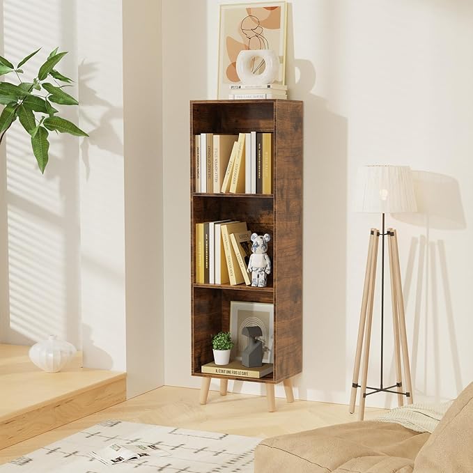 Lkeiyay Wooden 3 Cube Open Bookcase,3 Tier Mid-Century Bookshelf with Legs, Modern Storage Display Cabinet Organizer Bookshelves for Bedroom,Living Room,Office (Rustic Brown)