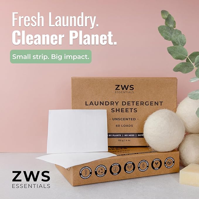 Laundry Detergent Sheets | Unscented, Hypoallergenic Laundry Strips for Sensitive Skin | Eco-Friendly, Plastic-Free Detergent for HE and Standard Machines