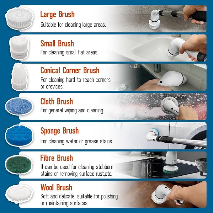 Electric Spin Scrubber, Cordless Cleaning Brush Scrubbe with Adjustable Handle and 8 Brush Heads,Two Speeds up to 450 RPM for Bathroom, Floor, and Sink Cleaning(Black)