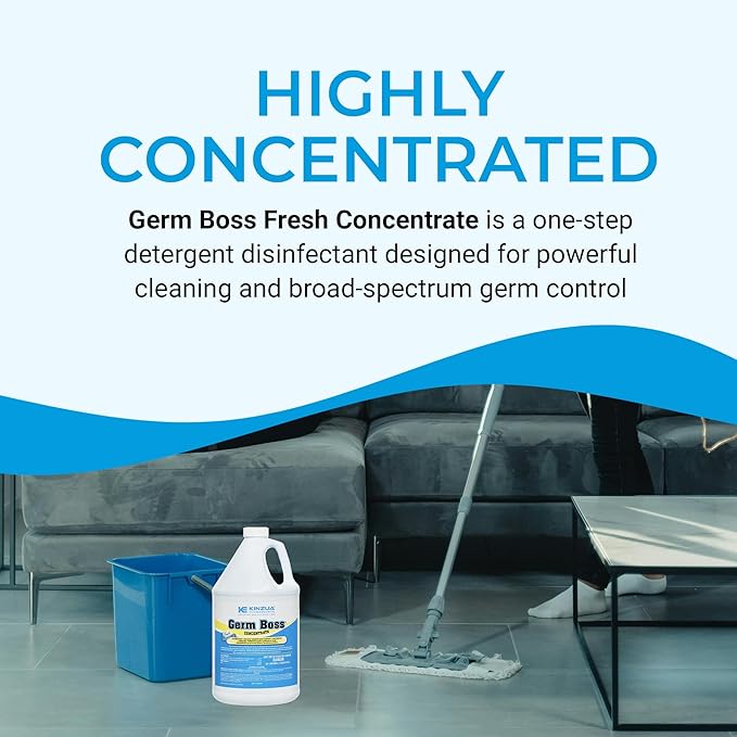 KINZUA ENVIRONMENTAL Germ Boss, Multipurpose Disinfectant Cleaner & Deodorizer, Disinfectant Liquid Concentrate with Fresh Scent for Homes, Kennels, Institutional & Industrial Strength, 1 Gal