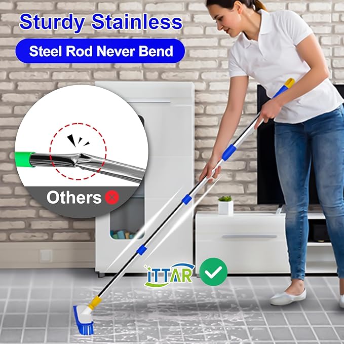 ITTAR 12" Wide Floor Scrub Brush with Long Handle, 2-in-1 Deck Cleaning Brush with 55" Extendable Pole, Heavy-Duty Tub Tile Scrubber Cleaner Brush for Shower Floor, Kitchen, Patio, Garage, Restaurant