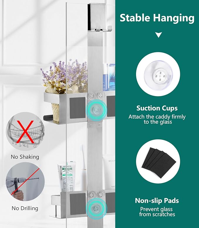 Over The Door Shower Caddy 2 Tier, 304 Stainless Steel Hanging Shower Caddy Rustproof Shower Shelves, No Drilling Hanging Shower Organizer for Bathroom Glass Door, Silver