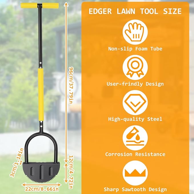 Qivine 38 Inch Half Moon Edger, Edger Lawn Tool with Saw Tooth Blade Lawn Edger Tool Garden Edging Tool for Sidewalk, Grass, Yard, Landscape (Half-Moon)