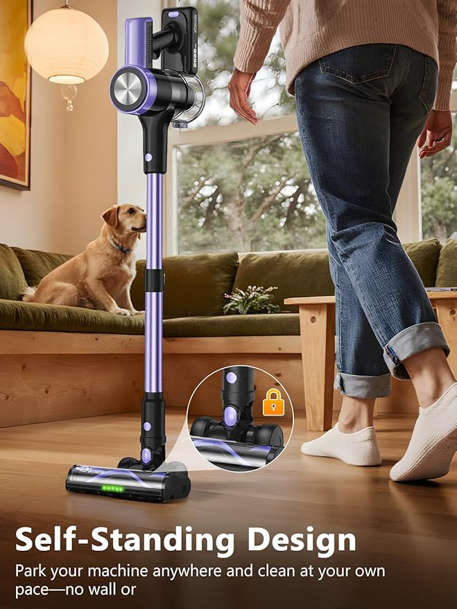 Cordless Vacuum Cleaner, 46Kpa/55 Mins Vacuum Cleaners for Home, Self-Standing Stick Vacuum with Rechargeable Dock,LED Display & Anti-Tangle,Lightweight Rechargeable Vacuum for Carpet (Violet)