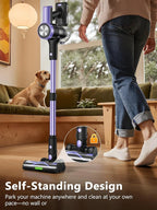 Cordless Vacuum Cleaner, 46Kpa/55 Mins Vacuum Cleaners for Home, Self-Standing Stick Vacuum with Rechargeable Dock,LED Display & Anti-Tangle,Lightweight Rechargeable Vacuum for Carpet (Violet)
