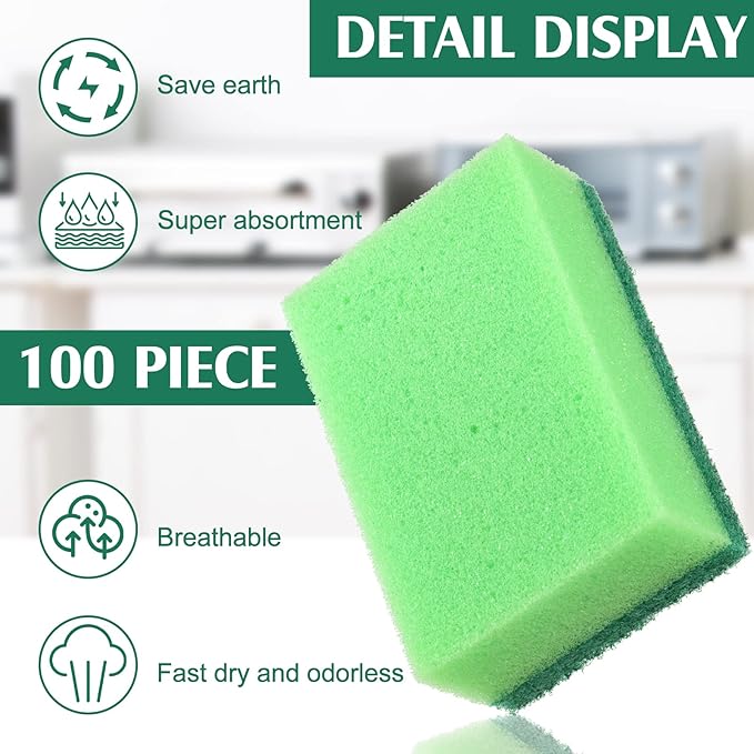 Patelai 100 Pcs Heavy Duty Cleaning Scrub Sponges for Kitchen Abrasive Scrubber Sponge Bulk One Scouring Scrubbing One Absorbent Dish for Washing Dishes Kitchen, Assorted Colors