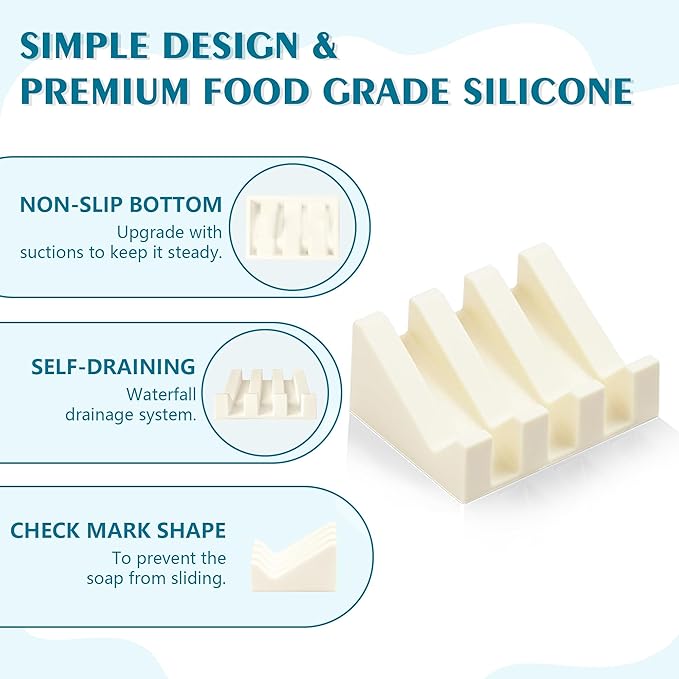 Self Draining Soap Dish Holder,Silicone Soap Dish,for Bathroom,Kitchen, Sponges，Can Extend Soap Life，Keep Soap Bars Dry and Easy Cleaning (Cream White,2-Pack)