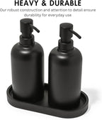 Matte Black Soap Dispenser Set with Tray, 2 Pack 15oz Round Rustproof Liquid Hand Dish Soap Dispensers with Tray for Kitchen Sink, Countertop, and Bathroom