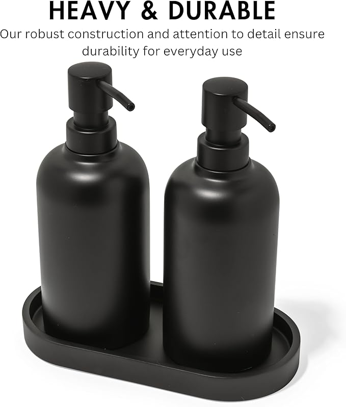 Matte Black Soap Dispenser Set with Tray, 2 Pack 15oz Round Rustproof Liquid Hand Dish Soap Dispensers with Tray for Kitchen Sink, Countertop, and Bathroom
