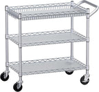 WDT 990Lbs Capacity Heavy Duty Rolling Utility Cart, NSF Rolling Carts with Wheels,Commercial Grade Metal Cart with Handle Bar & Shelf Liner,Trolley Serving Cart for Kitchen,Restaurant,Silver
