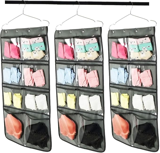 NIMES Durable Hanging Closet Underwear Sock Bra Stocking Organizer Dual-Sided Accessories Storage with 16 Large Clear Pockets (Grey)