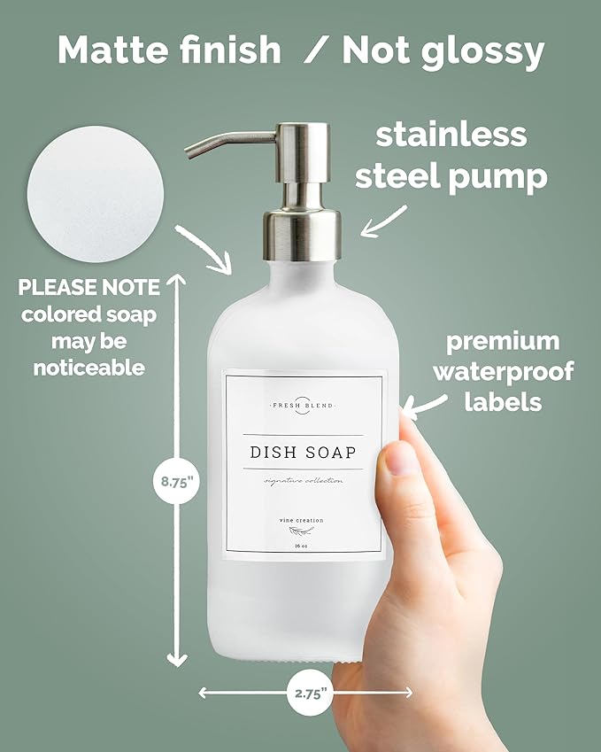 Vine Creations White Glass Soap Dispenser, 2 Pack Kitchen Soap Dispenser Set with Stainless Steel Pump, 16 oz Dish Soap and Hand Soap Dispensers for Bathroom with Waterproof Labels