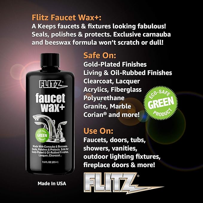 Flitz Faucet Wax Plus - 7.6oz Bottle of USA-Made, Water-Based Faucet Cleaner & Polisher for Water Stains, Fingerprints, & More - Metal Wax for Bronze, Nickel, Chrome, Brass - Granite Polish (1 Pack)