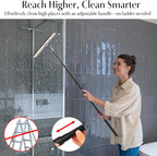 Shower Squeegee with Long Handle – Includes Replacement Silicone Blade, Extendable 13" to 48", 14" Wide for Glass, Mirrors, Windows, Bathroom Tiles & Walls, Telescopic Wiper with Hooks (Black)