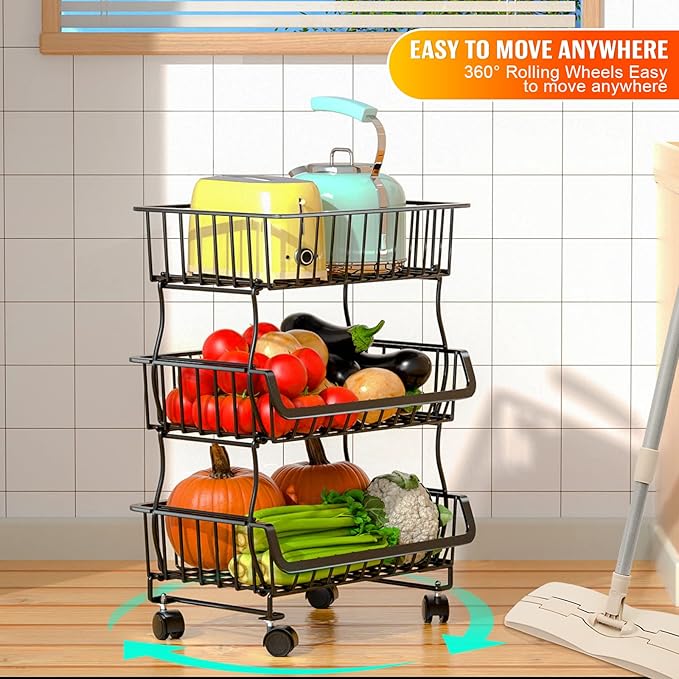 3-Tier Rolling Pantry Organizers and Storage Cart with Wheels – Stackable Wire Snack Cart for Kitchen, Pantry Shelves and Storage Rack for Fruit, Vegetables, Onion, Potato