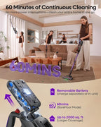 Cordless Vacuum Cleaner 45KPA, Up to 60mins Runtime Lightweight Powerful Suction Vacuum Cleaners for Home, 3 Suction Modes, Rechargeable Stick Vacuum for All Floor/Carpet/Pet Hair/Car, A03