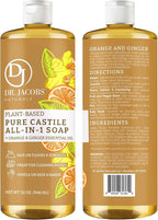 Dr. Jacobs Naturals Orange & Ginger Castile All-In-One Cleaner and Soap - Plant-Based Formula for House Cleaning Floors and Appliances - Gentle on Skin and the Planet - 32 oz, 1 Pack