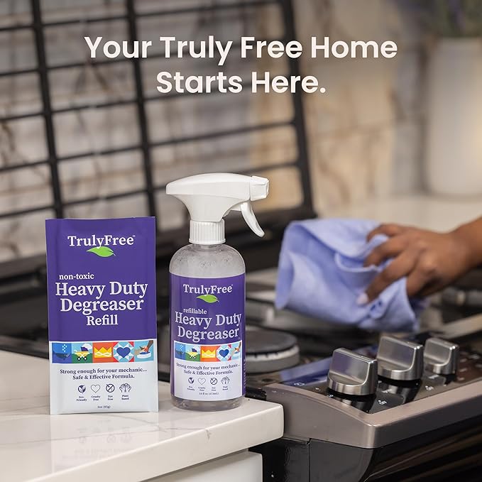 Heavy Duty Degreaser- Grease Remover & Grime Cleaner for Kitchen, Automotive & More, Household Cleaning Supplies, Fragrance-Free, Includes 16 oz Reusable Empty Bottle & 2 Refills (4 oz)