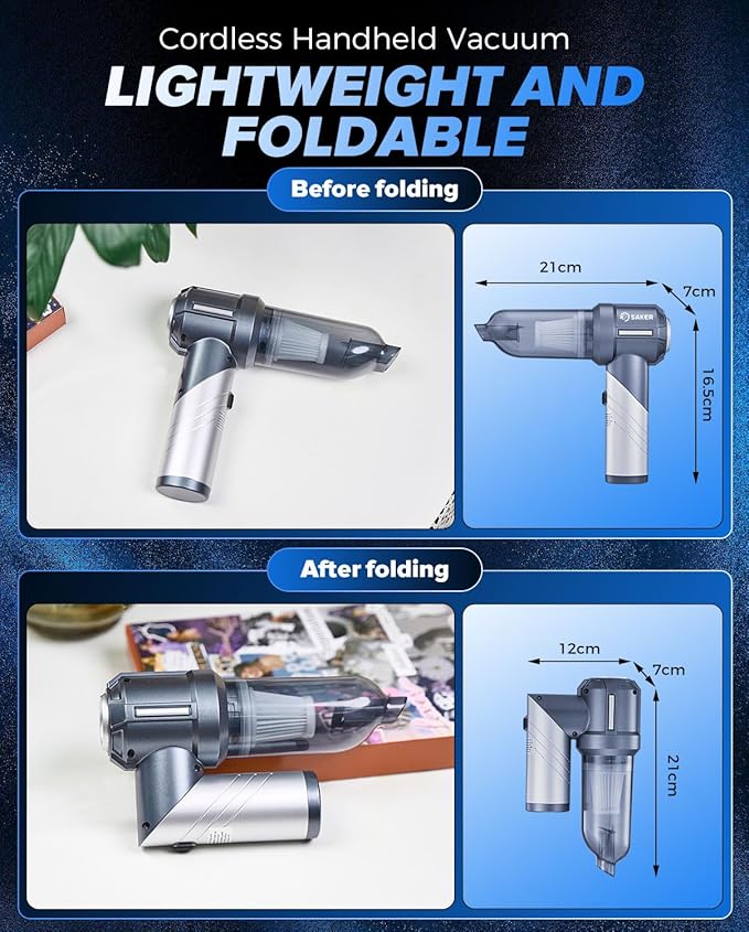 Saker Car Vacuum Portable Cordless, Foldable Mini Handheld Vacuum Cordless and Air Duster 17000PA High Power Vacuum Cleaners for Home,Cars,Office Cleaning HL133 Silver