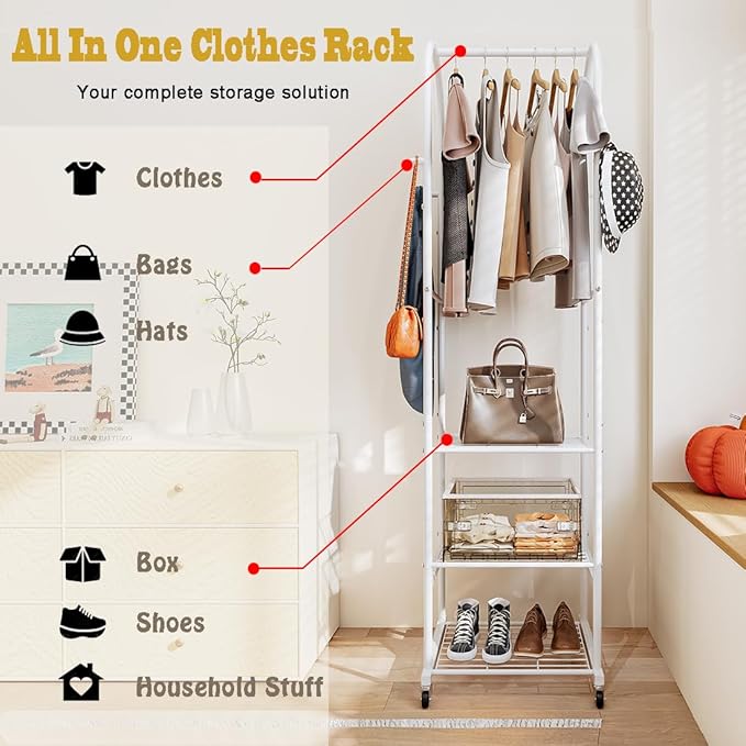 Clothes Rack With Wheels and 3-Tier Metal Shelves,Clothing Rack For Hanging Clothes With 4 Hooks,Garment Rack Wardrobe Organizer for Small Space,Black (white, 16.54 * 18.23 * 72.05)