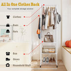 Clothes Rack With Wheels and 3-Tier Metal Shelves,Clothing Rack For Hanging Clothes With 4 Hooks,Garment Rack Wardrobe Organizer for Small Space,Black (white, 16.54 * 18.23 * 72.05)