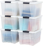 IRIS USA 40 Qt Stackable Plastic Storage Bins with Lids, 6 Pack - BPA-Free, Made in USA - Discreet Organizing Solution, Latches, Durable Nestable Containers, Secure Pull Handle - Pearl