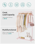 SONGMICS Clothes Rack with Wheels, Clothing Rack for Hanging Clothes, 25.4mm Metal Garment Rack with Dense Mesh Storage Shelf, 110 lb Load Capacity, 2 Brakes, Pink UHSR025P01