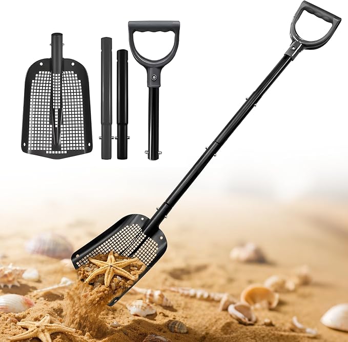 Sand Sifter Shovel, Aluminum Alloy Sifting Shovel with Holes, Adjustable Length Metal Mesh Sifter Scoop, Perfect for Finding Fleas or Shell/Chicken Coop/Gardening, Beach Combing Sieve Tools