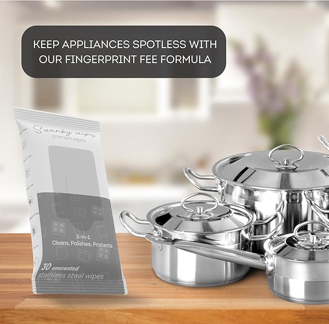 Swanky Stainless Steel Cleaner Wipes - Grime & Grease Remover Kitchen Cleaning Supplies - Clean & Shine, For Stove Top, Refrigerator, Sink, Oven, & Household Appliances - Soft Wipes, 30 Count