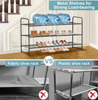 AOODA Long 3 Tier Metal Shoe Rack for Closet Wide Stackable Shoe Storage Organizer for Entryway, Bedroom, Floor, 24-Pairs Men Sneakers Shoe Shelf with Wire Grid, Black