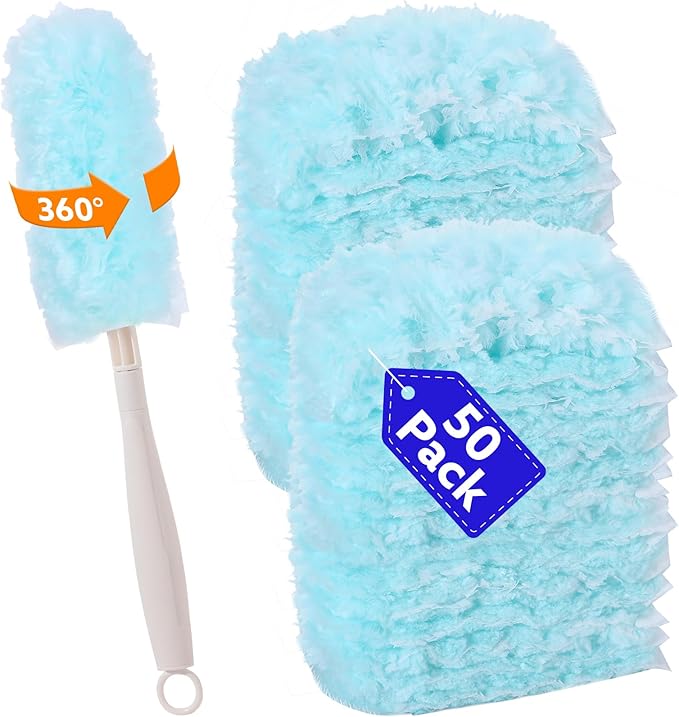 50 PCS Disposable Dusters Refills Compatible with Swiffer, Blue Bulk Heavy Duty Duster,Multisurface 360 Degree Replacement Head for Dusting with 1 Handle
