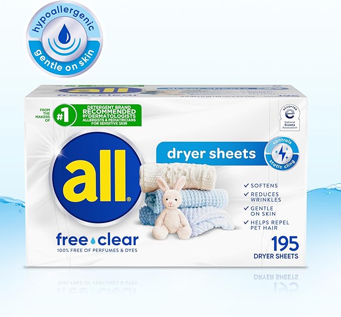 all Fabric Softener Dryer Sheets for Sensitive Skin, Free Clear, 195 Count